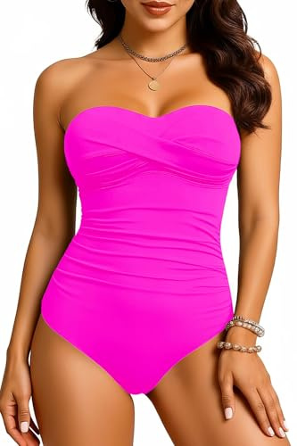 Yonique Womens Strapless One Piece Swimsuit Tummy Control Bandeau Bathing Suits Slimming Twist Front Swimwear, Dark Pink, S