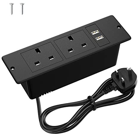 Recessed Power Outlet with 2 USB, Ohuo Recessed Power Strip with USB, Desktop Power Sokcet 2 Outlets Black with 2 Screws