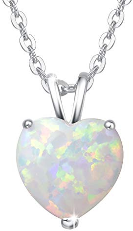 FANCIME Opal Kette mit Herz Anhänger aus 925 Sterling Silber, CZ Zirkon Edelstein Halskette Schmuck Geschenk für Damen Frauen Mädchen - Kettenlänge: 40+5 cm