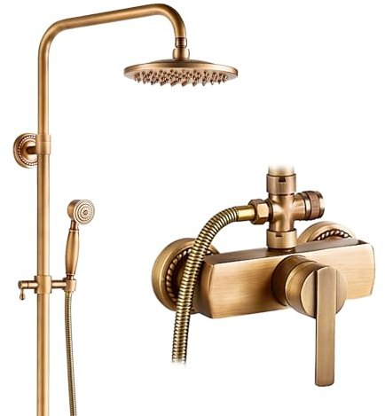 AIMOYO Colonne de Douche Rétro Laiton Système de Douche Réglable Antique Ensemble de Douche Mural Set Kit de Douche en Bronze Mitigeur de Douche pour Salle de Bain Set 70 à 120 cm