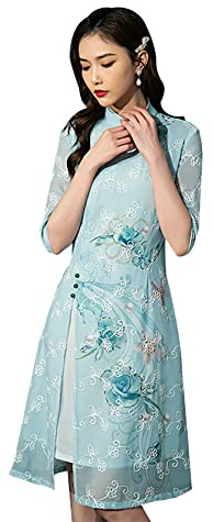 SUETOR Robe Femme en Mousseline Brodée A-Line Qipao, Élégante Ao Dai Cheongsam, Vêtement Traditionnel Chinois, Taille S