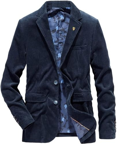 Veste de Costume Homme en Velours Côtelé Uni - Veste à Revers Cintrée, Manteau Chaud d'Extérieur, Transition Vintage - Bleu, L