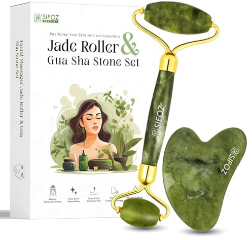 Sifoz Juego de rodillo de jade y gua sha, rodillo facial antienvejecimiento, masajeador de belleza de jade verde natural, herramienta de cuidado de la piel para cara, cuello, ojos para reducir las
