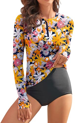 WOWENY Maillot de Bain à Manches Longues pour Femme - Rashguard Protection Solaire avec Fermeture Éclair 1/4