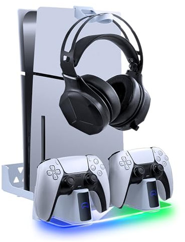 Mcbazel Väggfäste PS5 med snabbladdningsstation med dubbel kontroll och RGB-ljus för Playstation 5 konsol - vit