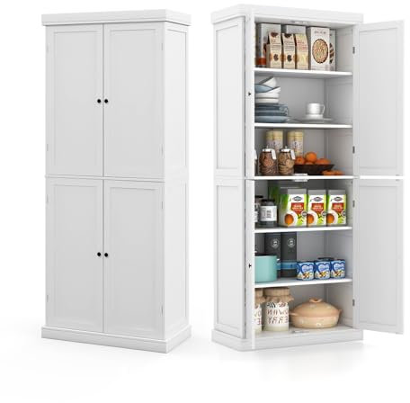 KOMFOTTEU Hochschrank Buffetschrank mit Doppeltür, Küchenschrank Vorratsschrank Holz, Aufbewahrungsschrank mit 6 verstellbaren Einlegeböde für Wohnzimmer Esszimmer, 76x40x184,5cm Kippschutz (Weiß)