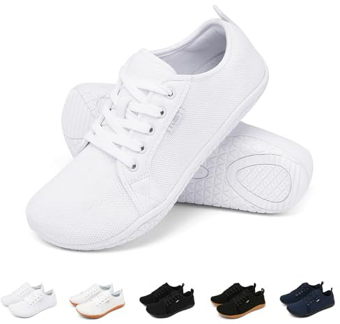 Geweo Barfußschuhe Sneaker Breite Walking Schuhe Barfuss Damen Herren Trail Laufschuhe Minimalistische Fitness Knit Unisex Weit rutschfest Zehenschuhe Zero Drop Solhe Freizeit Weiß 38EU
