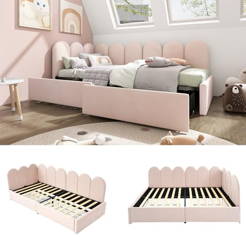 KUAKE Letto singolo imbottito 90x200cm, con cassetti letto contenitore, divano letto diurno con rete a doghe letto per giovani e adulti letto per bambini, Rosa