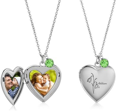 kaululu Personalisierte Foto Medaillon Halskette für Frauen Kette Damen mit Geburt Blume Namen Geburtsstein Anhänger Halskette für Mama Oma Schmuck Geschenke (Silber)