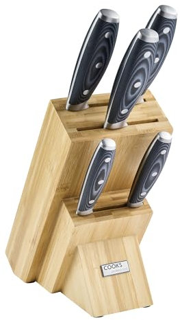 Cooks Professional Ultimate 5 Piece Knife Set with Bamboo Knife Block & Micarta Handles | Satin Finish Stainless-Steel Blades | Home Kitchen Paring, Utility, Chef, Bread & Carving Knives