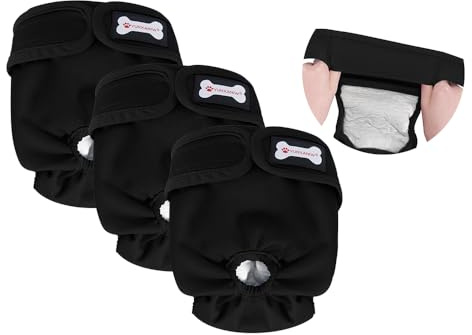 Windeln für Hündinnen, wiederverwendbare, hochsaugfähige Windeln für Hitze und Inkontinenz mit verstellbaren Druckknöpfen, Schwarz, XS, 3 Stück