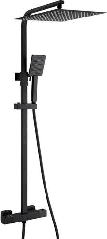 Auralum Duscharmatur Schwarz Komplettset mit Thermostat, Duschset Regendusche Schwarz mit 30X30cm Duschkopf, Höhenverstellbar 80-124cm