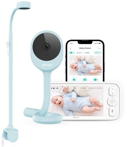 NETVUE Blu Baby Monitor 1080P con Supporto 4 in 1, 5000mAh Senza Fili 5 Baby Monitor Video e Audio, Visione Notturna, VOX, App, Audio Bidirezionale, Rilevamento Pianto e Movimento