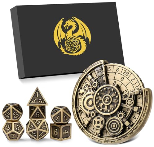 Jeu de Roulette Dés D&D en Métal, 7-en-1 Métallique Engrenage Spinner + 7 Dés DND Polyédriques en Métal, Cadeaux D&D avec Boîte Cadeau, RPG, MTG, Jeux de Tableau, Accessoires pour Jeux de Rôle, Bronze
