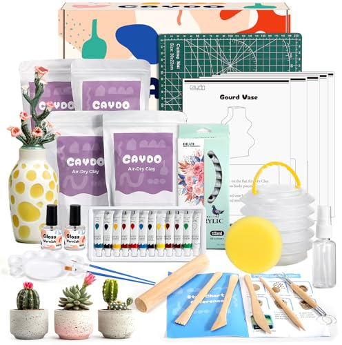Caydo Lufttrocknendes Ton-Set für Erwachsene & Anfänger – Komplettes Töpfern-Set mit Werkzeugen, Acrylfarben, Lack & Anleitung – Ideal für Zuhause & Weihnachten