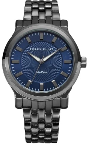 Perry Ellis Solar Men’s Watch – Blue Dial, Gunmetal Alloy Band, Water-Resistant Analog
