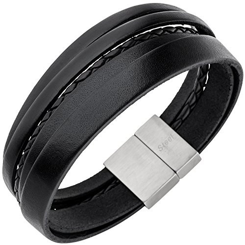 Jobo Herren Armband 5-reihig Leder schwarz geflochten Edelstahl 21 cm Herrenarmband