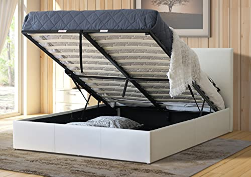 MODERNIQUE Bilancio Ottoman Storage White Faux_Leather Siingle Sized (3FT) Bounce Sprung Slats Base, Gas Lift up End Up Fabric Covered Floor Massive Storage Bed (White, Single (3FT))