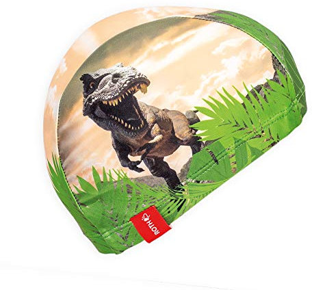 ROTH Badekappe aus Stoff für Kinder von 4-9 Jahren mit Motiv und Platz für Name (T-Rex)