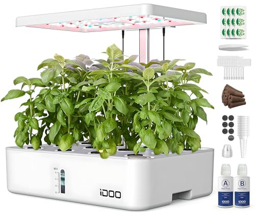 iDOO 12 Pods Hydroponics Growing System, Indoor Herb Garden with 23W LED Grow Light, Automatic Timer, Germination Kit with Fan, Height Adjustable for Home Kitchen, White