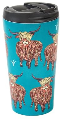 ECO CHIC Reusable Thermal Coffee Cup Stainless Steel Leakproof Insulated 330ml Travel Mug (Highland Cow Teal)