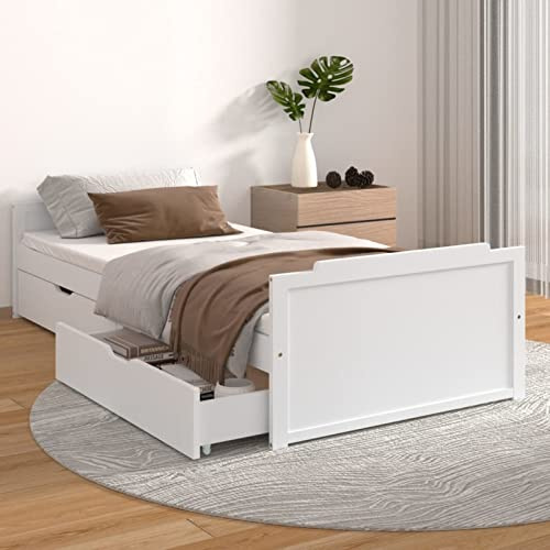 Festnight Estructura de Cama Individual Infantil de Madera Maciza con 2 cajones y Somier, 90 x 200 cm Blanco