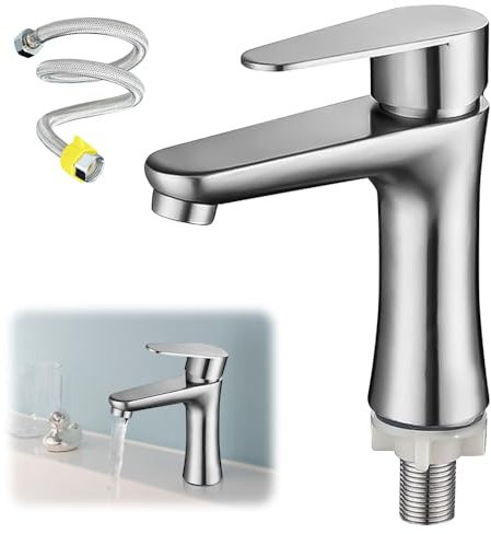 FENYW Gäste WC Bad Kaltwasserarmatur Klein Wasserhahn Kaltwasser nur Kaltwass Einhebel Wasserhahn Bad mit 60cm Anschlussschlauch Edelstahl Kaltwasserhahn für Bad Gäste WC