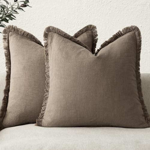 Foindtower Set of 2 Decorative Linen Fringe Throw Pillow Covers Cozy Boho Farmhouse Cushion Cover with Tassels Soft Accent Pillowcase for Couch Sofa Bed Living Room Home Decor, 16×16 Inch, Light Brown