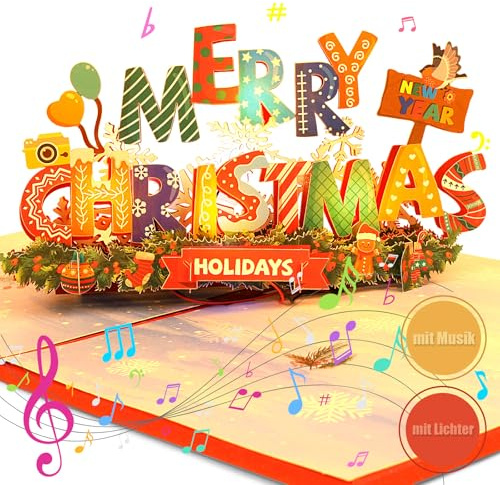 Lihao Julkort med musik popup-kort, jul, 3D, gratulationskort, LED, gratulationskort, god jul