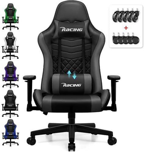 minnouat Gaming Stuhl, Bürostuhl Wippfunktion bis zu 170°, Gaming Chair mit verstellbaren Lendenkissen, Armlehne und Kopfstütze, Gamer Stuhl Bequeme Sitzkissen, Gaming Stuhl 150 kg belastbarkeit