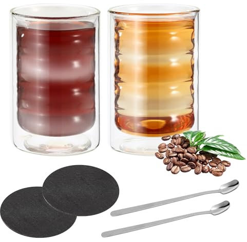 2er Set Doppelwandige Latte Macchiato Gläser,350ml,Doppelwandig Kaffeeglas, Borosilikatglas Kaffeetassen Glas Mit Zwei Löffeln und Zwei Untersetzern für Cappuccino, Latte, Blütentee, Milchshakes