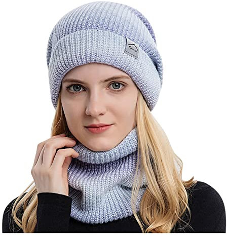 Women's Winter Warm Beanie Hat Scarf Set in 2024 Autumn and Winter Korean Version of The Gradient Color Wool Hat Thickened Warm Ear Cold Knitted Hat Two Set Hat Gloves Set Women (Purple, One Size)