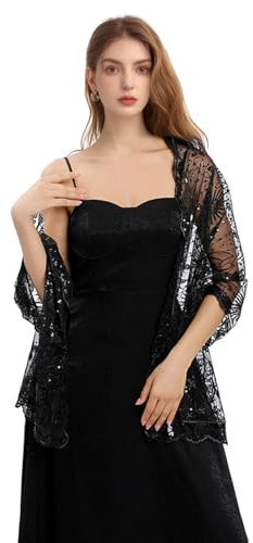 Xvbhaq Cape Damen, Pailletten, Spitze, Pashminas, Schwarz, Stickerei, Stola für Reise, Festlich, Abendkleid, Braut Hochzeit (Schwarz)