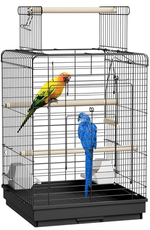 YRHome Vogelkäfig mit Dach zum Öffnen 40 x 40 x 58 cm Wellensittichkäfig Papageienkäfig mit Futterhaus und Sitzstange aus Holz für Wellensittiche & Kanarienvögel