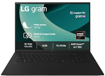 LG Gram 15Z80T-G.AU78F - PC Portable 15 1290g, écran DCI-P3 99% FHD Format 16:9, Intel® Evo™ AMD Ryz, RAM 16Go, SSD 1To NVMe, AMD Radeon™ Graphics, Sortie Casque (4 pôles), Noir Obisidien