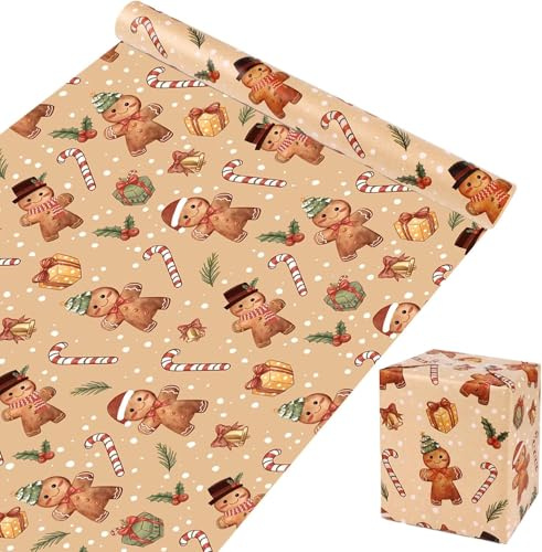SULOLI 43CM*10M Papier d'Emballage de Noël Rouleau de Papier Cadeaux Kraft