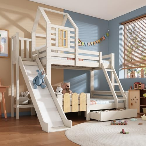 Solid Wood Bunk Bed Tree House Bed with Slide&Drawer&Ladder&Window, 3FT Single 4FT6 Double Bunk Beds Children's Bed with Guardrail&Slats, Three Sleeper Loft Bed Frame for Kids Teens Adults, White