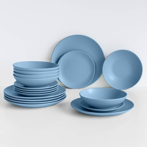 IlGruppone 18 Piatti, 6 Coperti Completi - Servizio da Tavola in Gres Porcellana Smaltato, Piatti con Certificazione Contatto Alimentare per Microonde e Lavastoviglie - Design Moderno, Azzuro