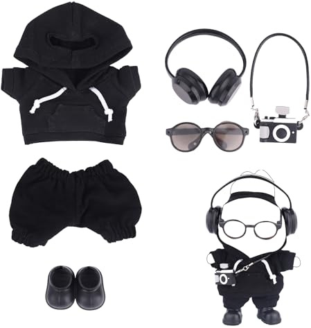 Conjunto de Ropa Muñeca 17cm, Conjunto de Atuendo Muñeca Genial Incluye Sudadera con Capucha Pantalones Gafas Sol Auriculares Zapatos y Cordón con Dije para Cámara(Negro)