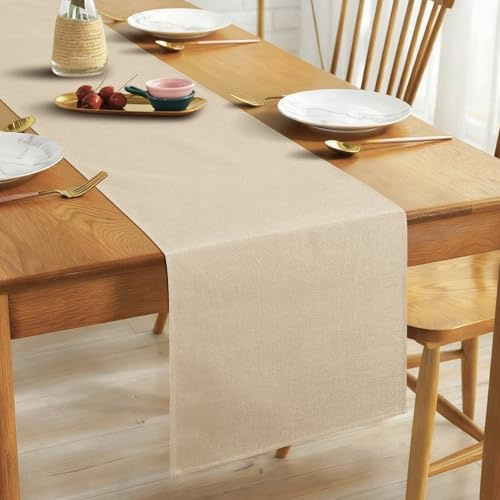 Alaoo Linen Table Runner, 40 * 140cm Elegant Rustic Farmhouse Table Runner, Washable Kitchen Dining Table Decoration for Dining Holiday Parties and Everyday Use, Beige