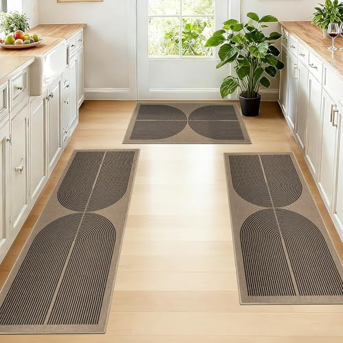 Capslpad Küchenteppiche 3 Stück, Jute Aussehen rutschfeste Schmutzfangmatte Küchenmatten, Waschbar Küchenläufer, Teppichläufer Flur, Leicht Zu Reinigen Küchen Läufer für Küche, Flur, Waschküche