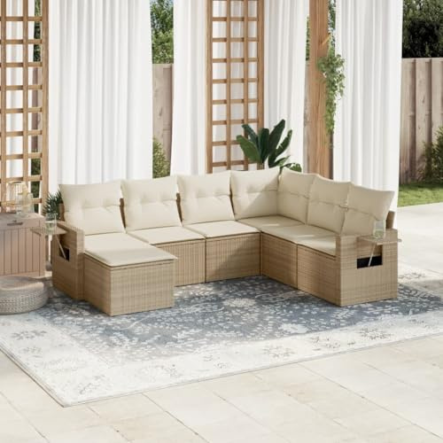 JHQHSM Set di 7 divani da giardino con cuscino, beige, polyrattan, design modulare con vano portaoggetti e sacchetto impermeabile, ripiani pieghevoli, rivestimenti rimovibili, in rattan PE durevole