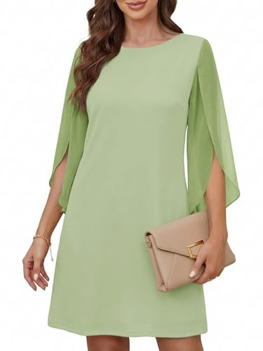 Cicy Bell Vestido de cóctel para mujer, cuello redondo, elegante, de malla, manga 3/4, monocolor, informal, vestido de verano