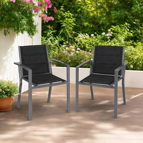 JUMMICO Lot de 2 Chaises de Jardin en Aluminium avec Assise et Dossier Moelleux ｜ Empilables ｜ Rangeables sous Table ｜ Charge 160 kg ｜ Idéales pour Salon de Jardin Extérieur, Cour et Balcon,Gris Foncé