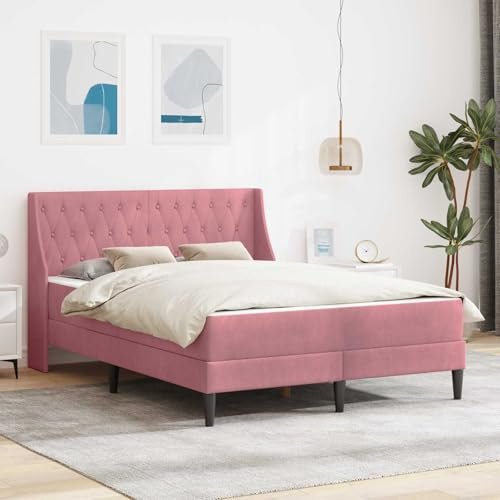 QUAHEAS Bed Frame with Mattress Pink 140 x 200 cm Velvet Cold Foam Mattress with Ergonomic Hardness Breathable Reversible Includes Slatted Base Modern Bedroom Upholstered Bed