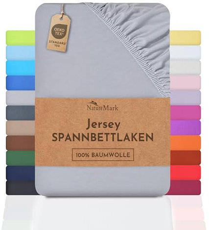 NatureMark Jersey Spannbettlaken, Spannbetttuch 100% Baumwolle in vielen Größen und Farben MARKENQUALITÄT ÖKOTEX Standard 100 | 140 x 200 cm - 160 x 200 cm - Silber grau