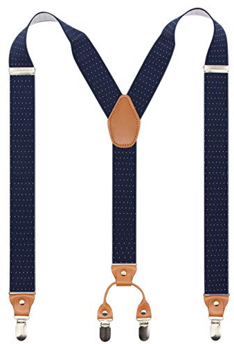 Timiot Men’s Y-Back 4 Metal Clip Elastic Wide Suspenders Perfect For Both Casual&Formal (Navy Polka Dot)