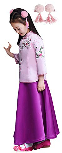 CRB Fashion Chinese Qipao Kids Girls Top Shirt Skirt Dress Clothing Hair Clips Outfit 4 PIECE SET (Pink Purple, 8 to 9 Years)