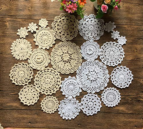 MINDPLUS Set mit 24 Handgehäkelten Deckchen Baumwolle Spitze Tischset Mini-Deckchen 5–18 cm Rund Weiß und Beige Vintage-Hochzeit Teeparty (12 Stück Weiß und 12 Stück Beige)
