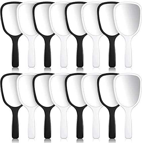 Hicarer 16 Pcs Hand Handheld Mirror with Handle Standard 1x Magnification Plastic Travel Makeup Handheld Cosmetic Mirror for Travel, 3.15 Inch Wide, 7.09 Inch Long (Black,White)